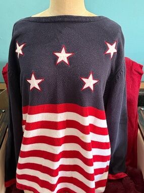 Karen Scott Navy Sweater with Red and White Stars and Stripes
